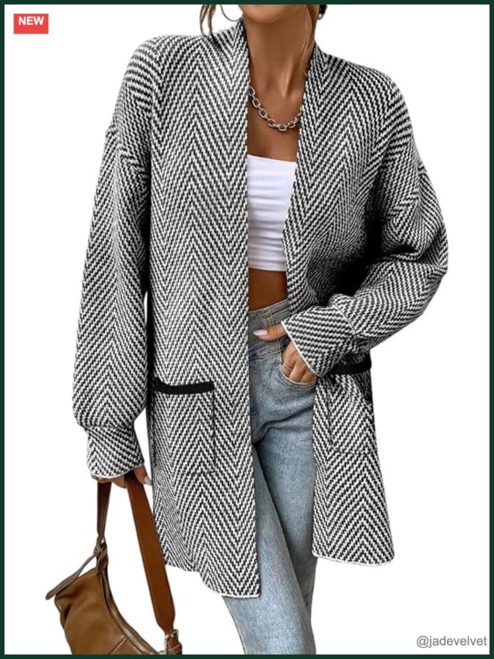 100% Acrylic Open Front Chevron Knit Cardigan Sweater